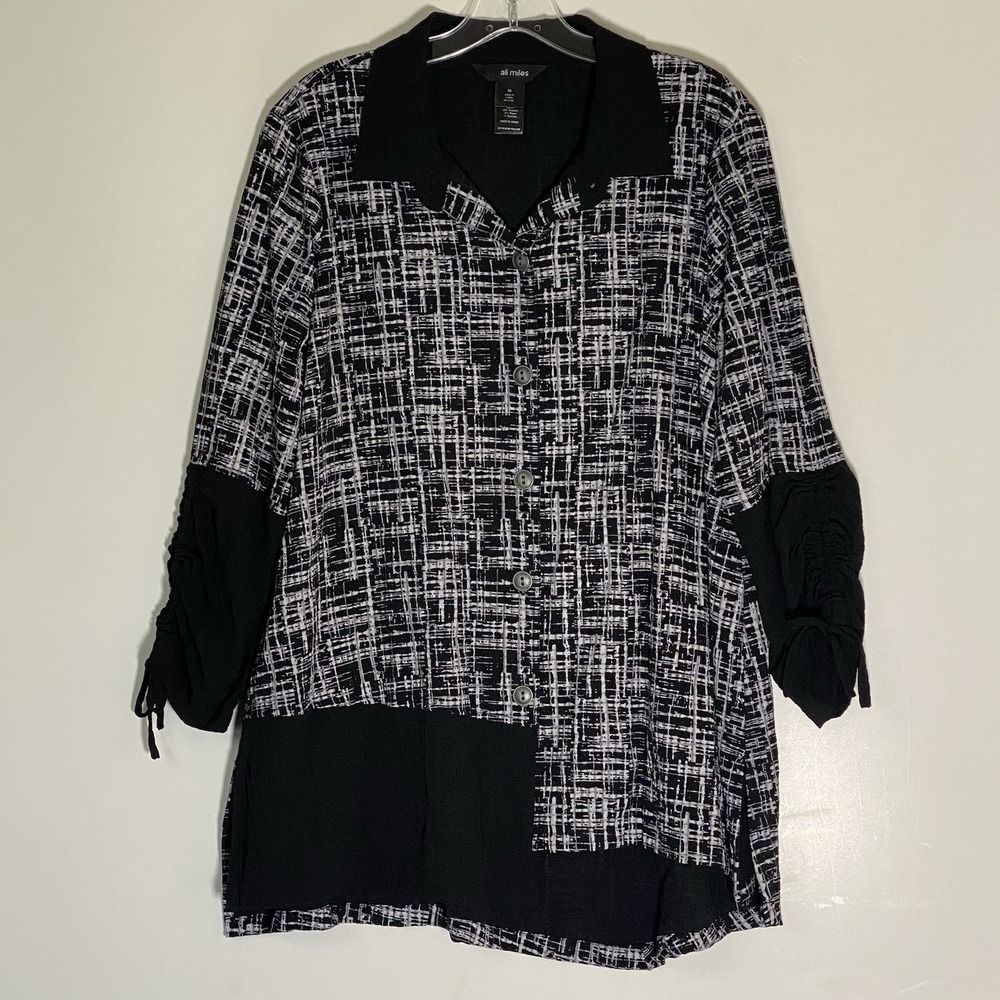 Ali Miles Top Womens Medium Black White Grid Asymmetric Button Front Jacket Nice